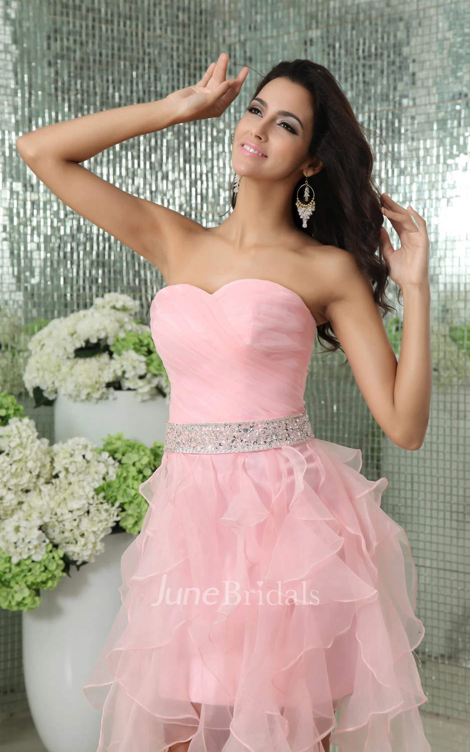 Sweetheart Short Dress With Cascading Ruffles And Beaded Waist