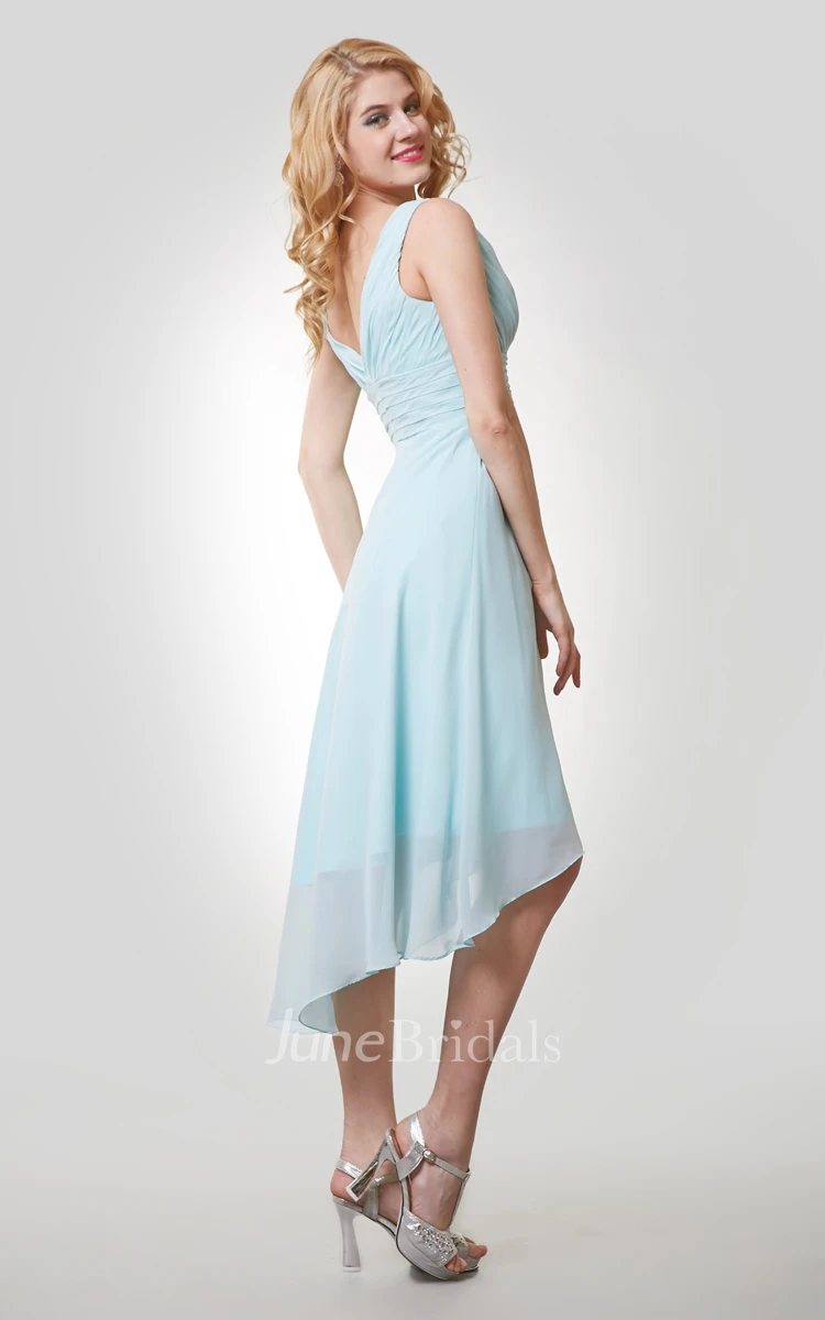 High-Low Chiffon Sleeveless V-Neck Dress With Ruching