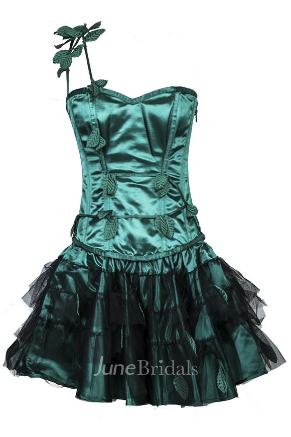 One Shoulder Green And Black Corset Dress With Leaves Appliques And Tiers