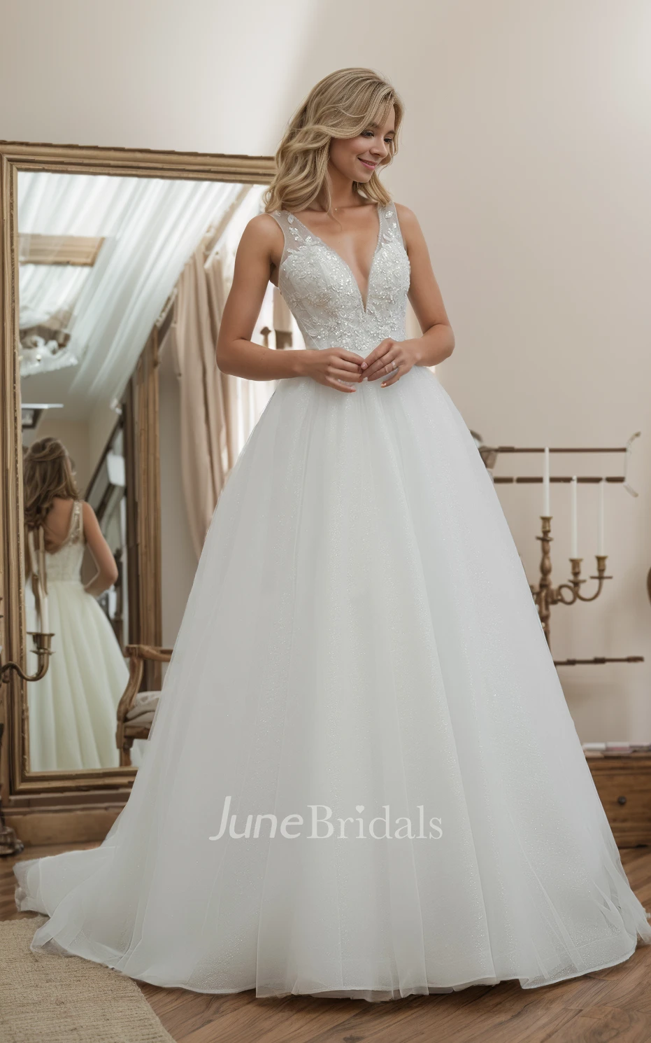 Ethereal Floral A-Line Boho Lace Appliques Ball Gown Winter Wedding Dress Sparkly Elegant Plunging Neckline Beading Sequins Glitter Tulle Floor Length Bridal Gown with Train