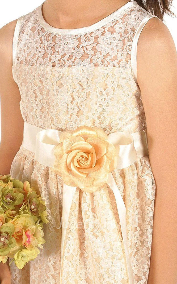 Sleeveless A-line Lace Dress With Floral Sash