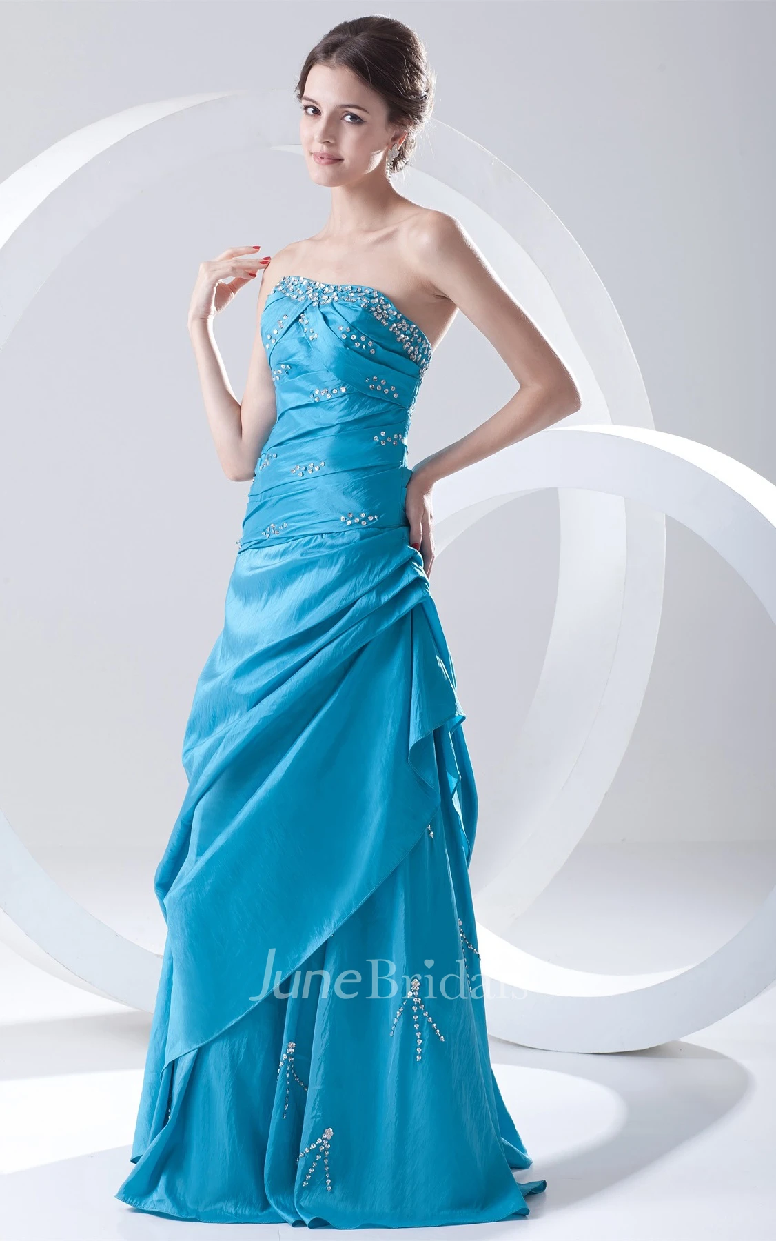 Strapless Pick-Up Taffeta Gown with Beading and Ruching