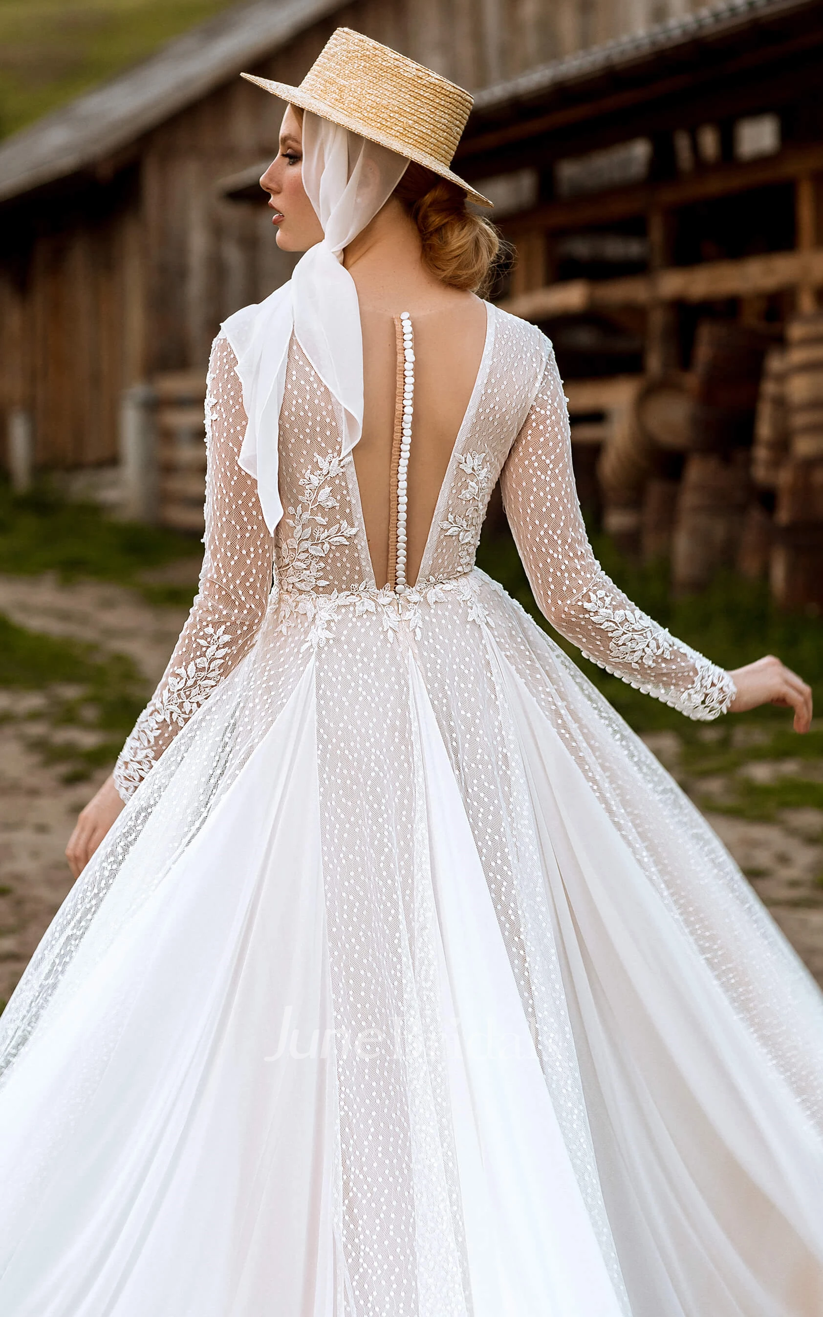 A-Line V-neck Lace Romantic Garden Winter Wedding Dress With Button Back And Appliques