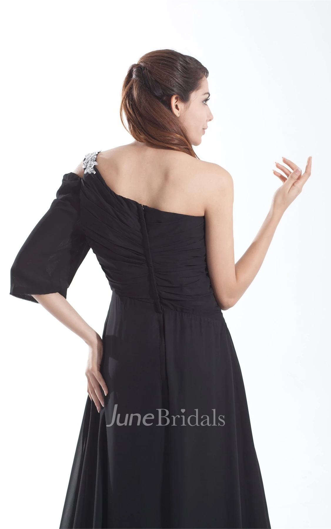 chiffon floor-length pleated dress with one-sleeve design and appliques
