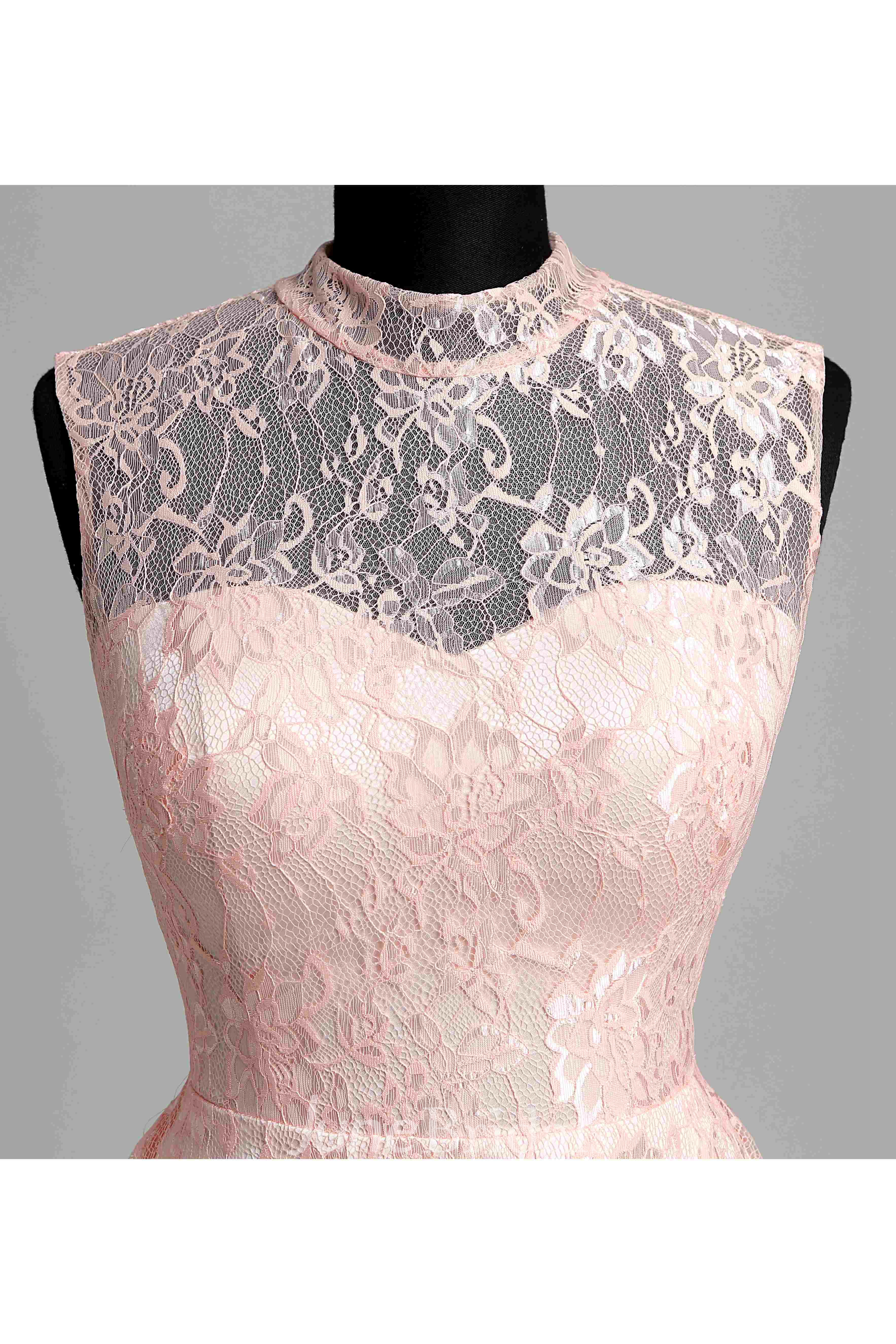 Short/Mini A-line High Neck Sleeveless Lace Dress with Illusion and Keyhole Back