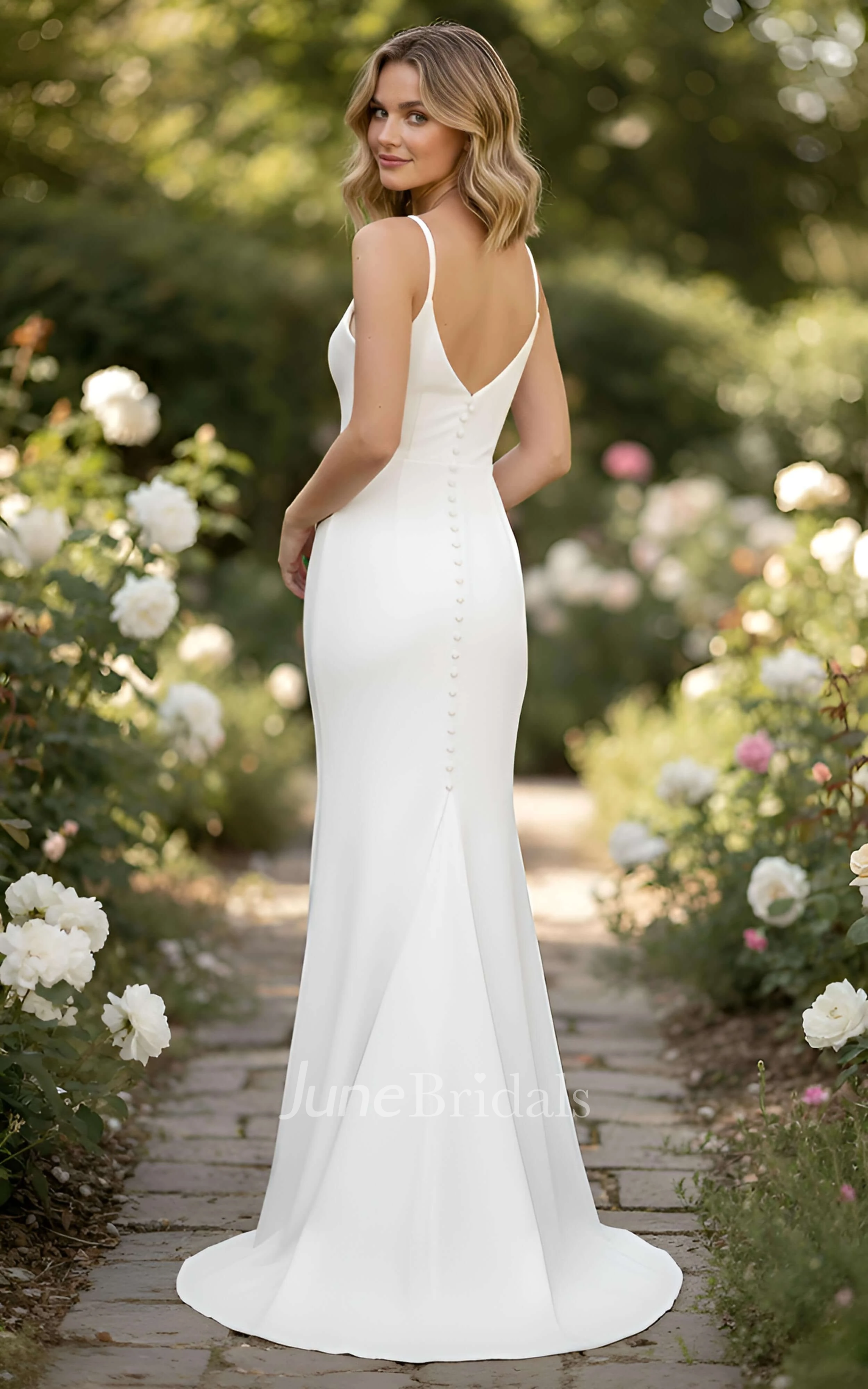Modern Mermaid Spaghetti V-Neck Wedding Dress Simple Satin Garden Sweep Train Bridal Gown