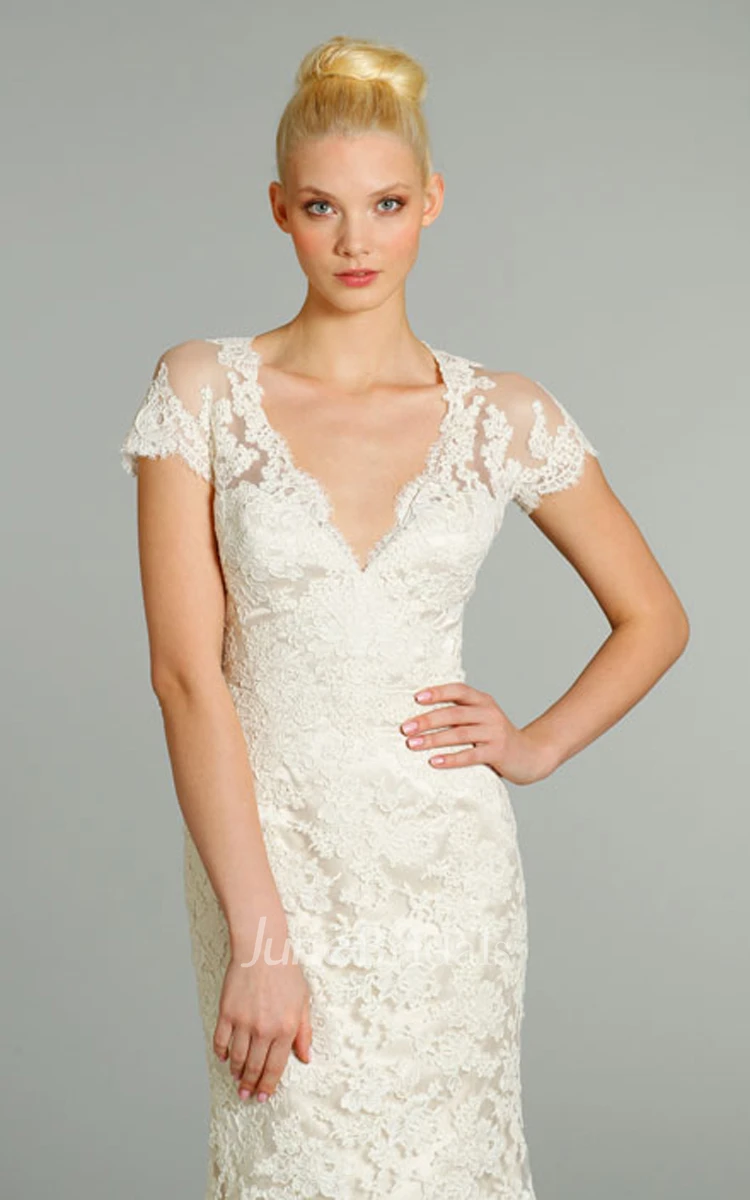 Captivating V-Neck Lace Over Charmeuse Dress With Short Sleeve and Sheer Back