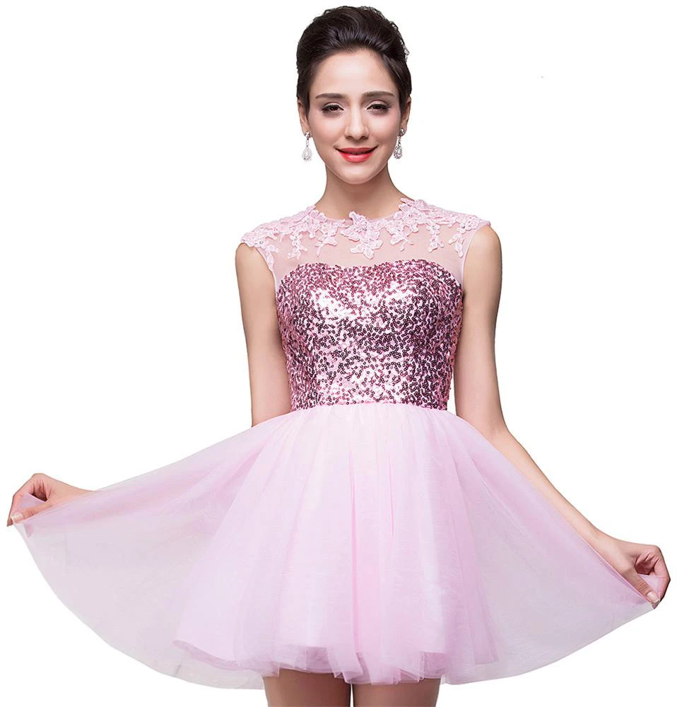 Cute Pink Sequins Sleeveless Homecoming Dress Tulle Short