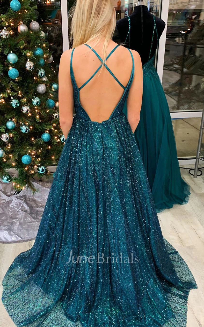 Sequins A-Line Spaghetti Simple Romantic Prom Dress With Straps Back