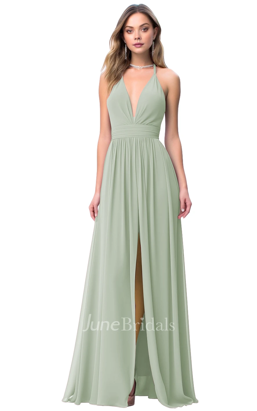 Gorgeous A-Line Plunging Neck Bridesmaid Dress with Split Front