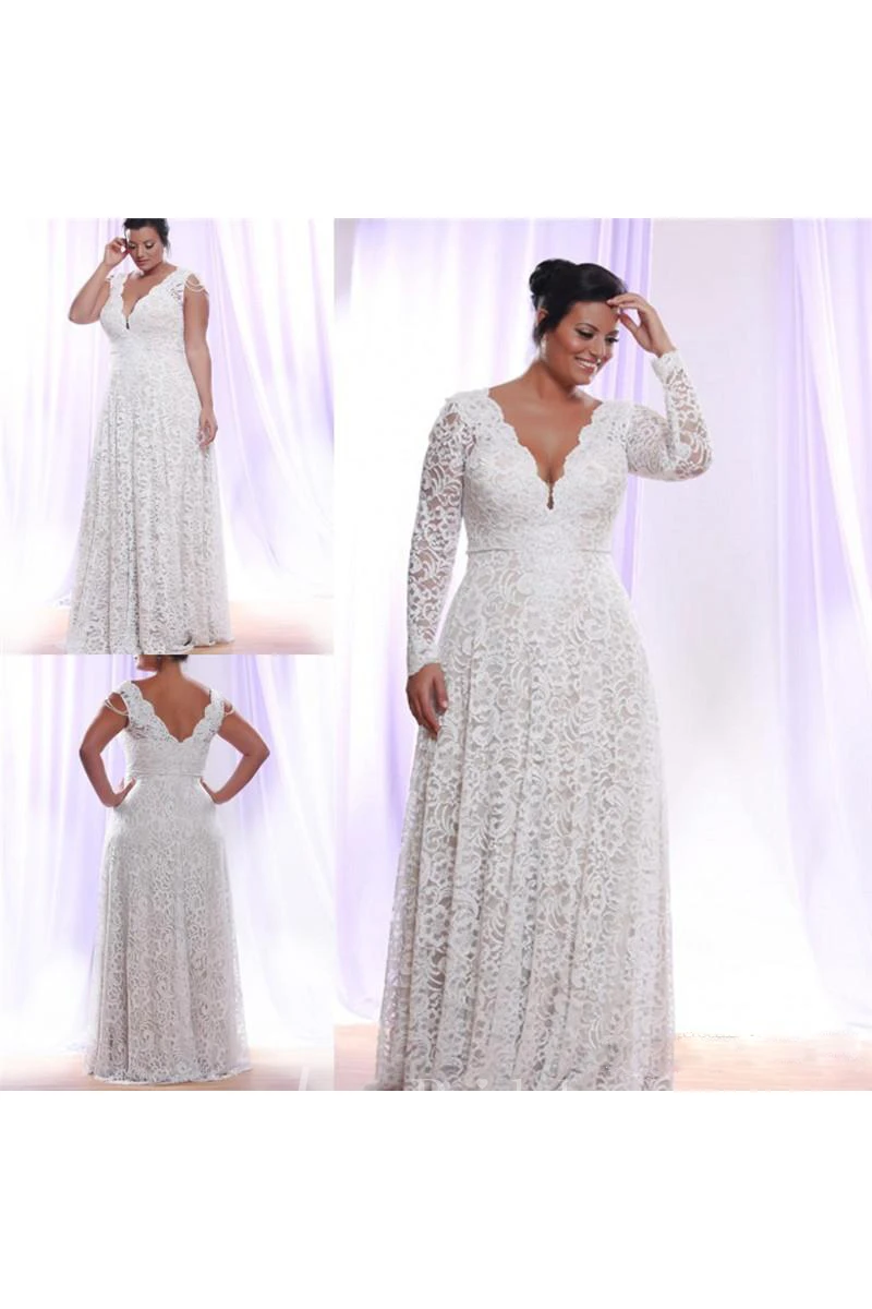 Removable Long Sleeves V Neck Floor Length A Line Lace Plus Size Warm Wedding Dress