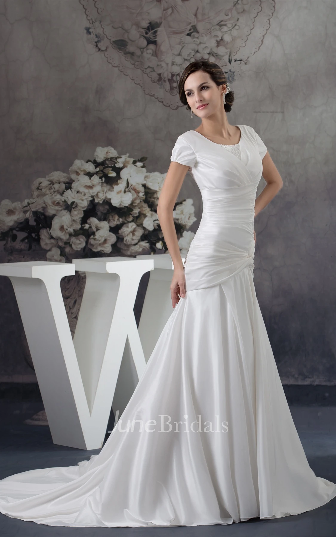 Scoop-Neckline Short-Sleeve Taffeta Gown with Criss-Cross and Beadings