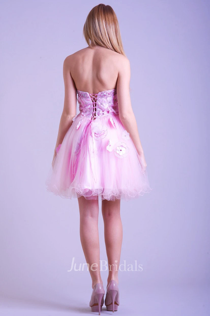 A Line Sleeveless Sweetheart Floral Short Mini Tulle Prom Dress With Beading And Ruffles