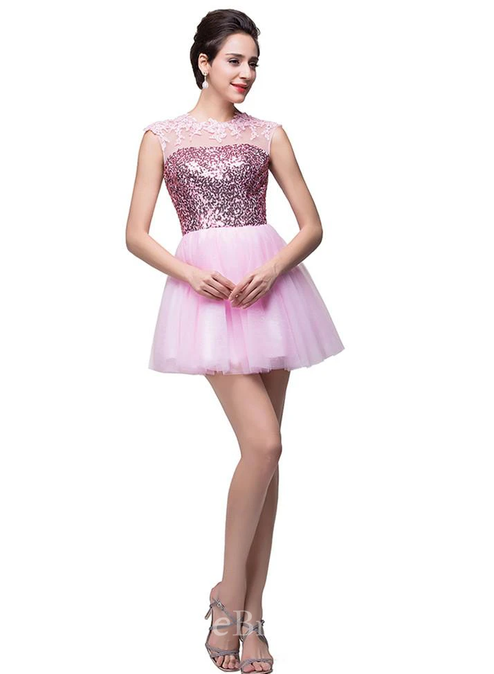 Cute Pink Sequins Sleeveless Homecoming Dress Tulle Short