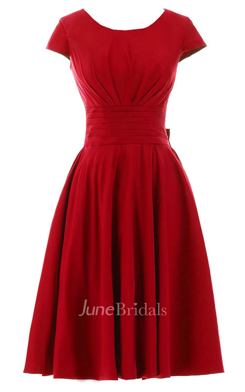 Short Sleeve Knee-length Pleated Chiffon Dress With Bowknot