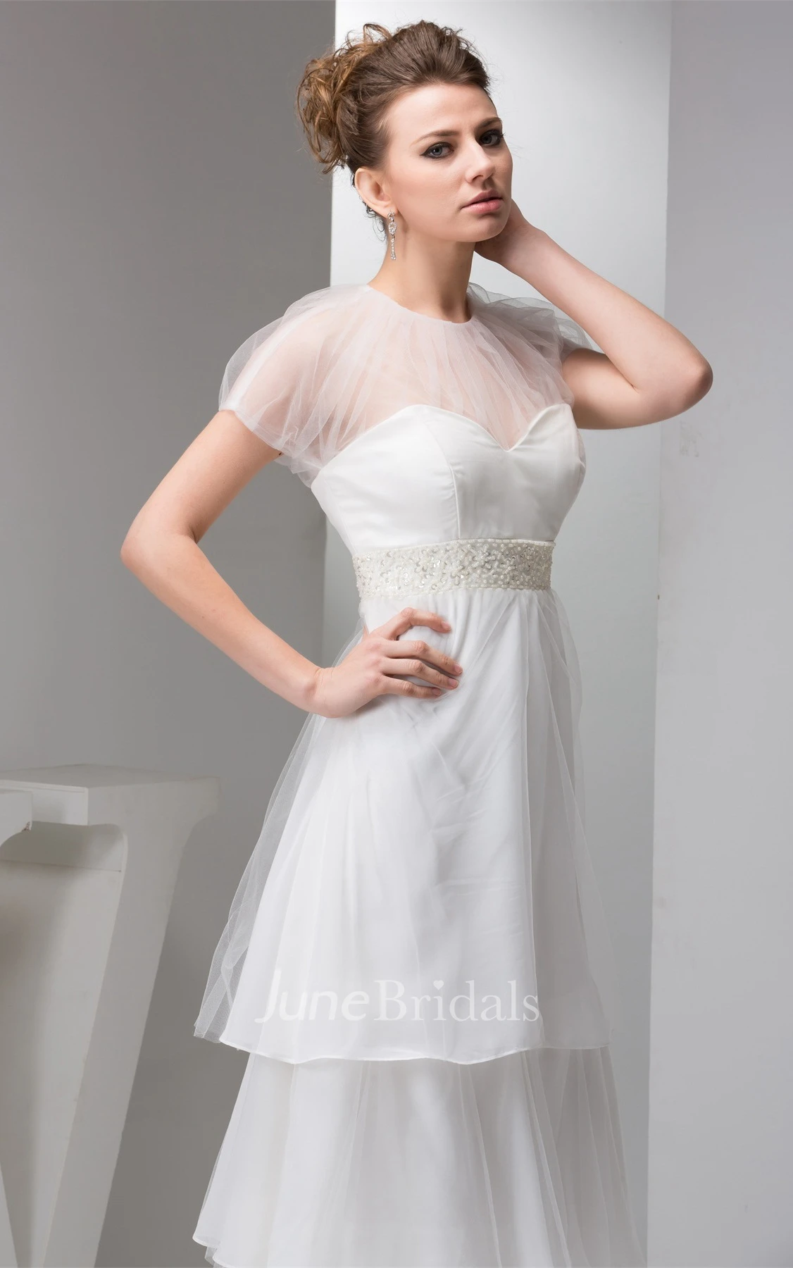 Short-Sleeve Tulle Tiered A-Line Dress with Illusion and Beaded Waist
