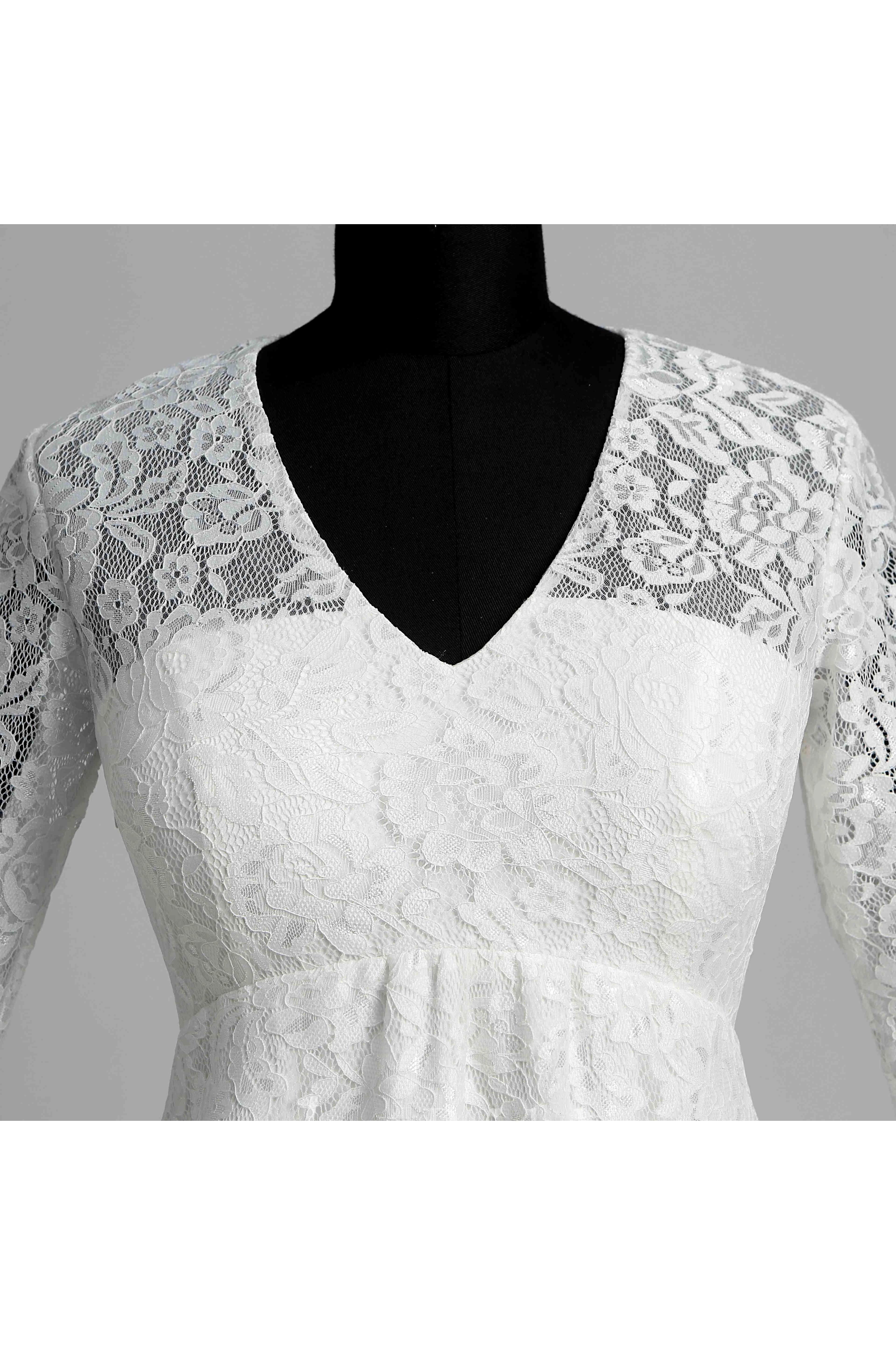 Knee-length A-line V-neck Illusion 3/4 Length Sleeve Illusion Lace Weeding Dress
