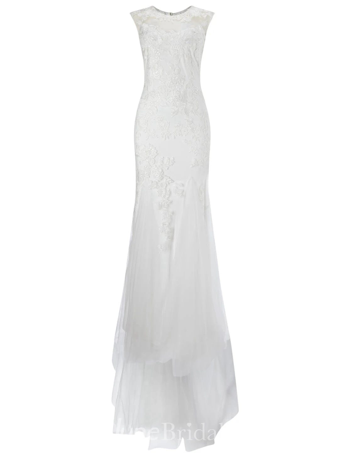 Sheath V-Neck Sleeveless Floor-Length Lace&Tulle Wedding Dress With Appliques And Illusion