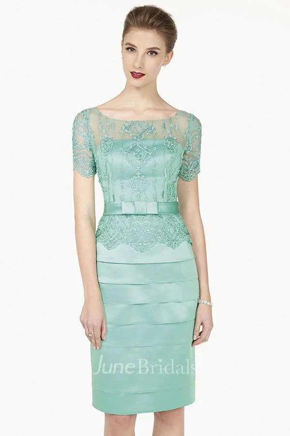 Bateau Short Sleeve tiered Dress With Beading And Illusion 