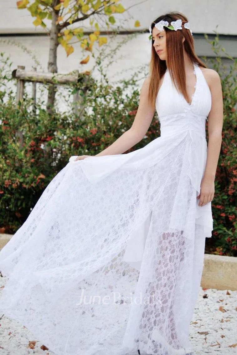 Plunged Haltered A-Line Lace Backless Wedding Dress With Draping