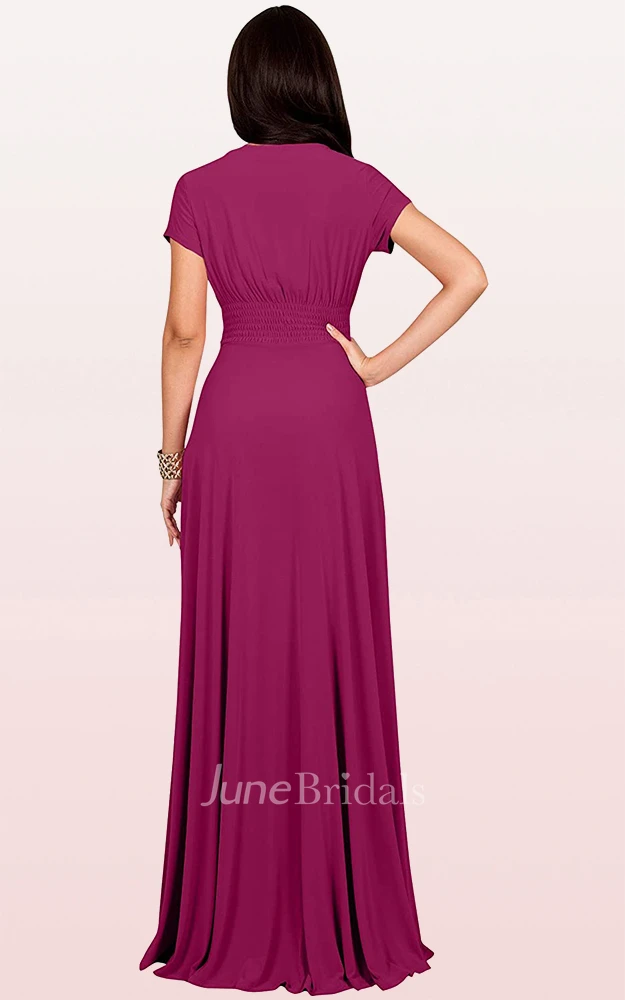 A Line V-neck Jersey Short Sleeve Prom Dress With Criss Cross and Pleats