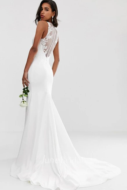 Ethereal Chiffon Sheath Straps Button Back Wedding Dress with Applique
