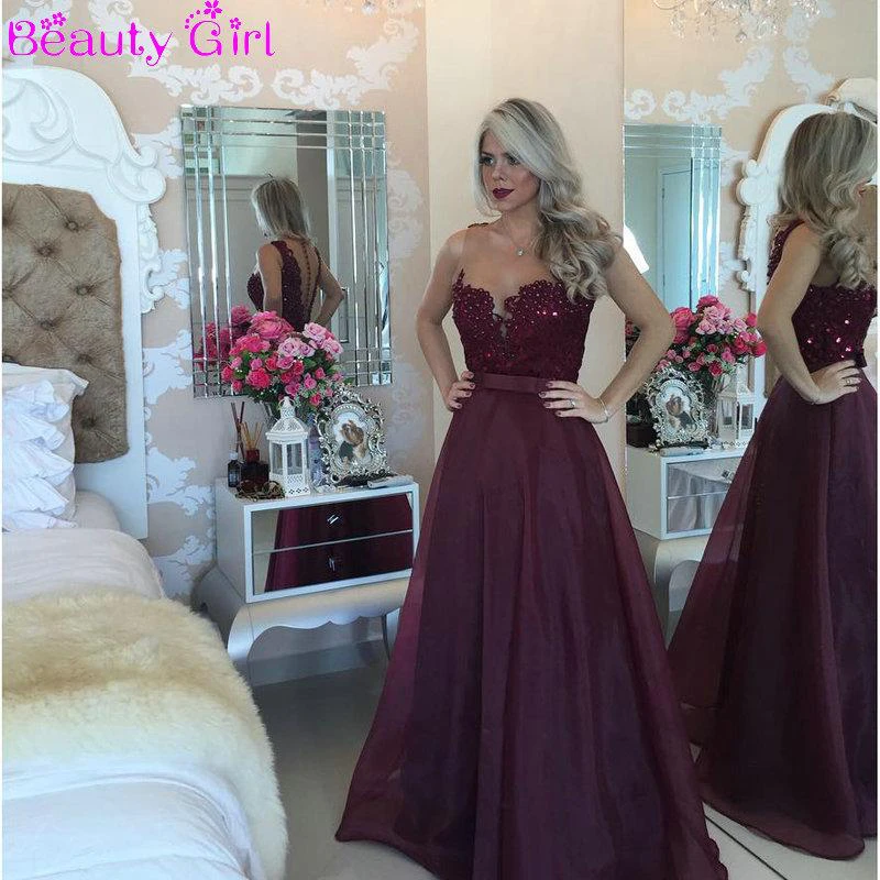 Modern A-line Beadings Burgundy Prom Dress Zipper Button Back