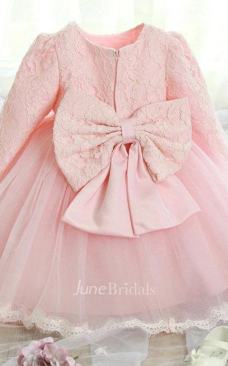 Long Sleeve Lace Dress With Pleats and Bow