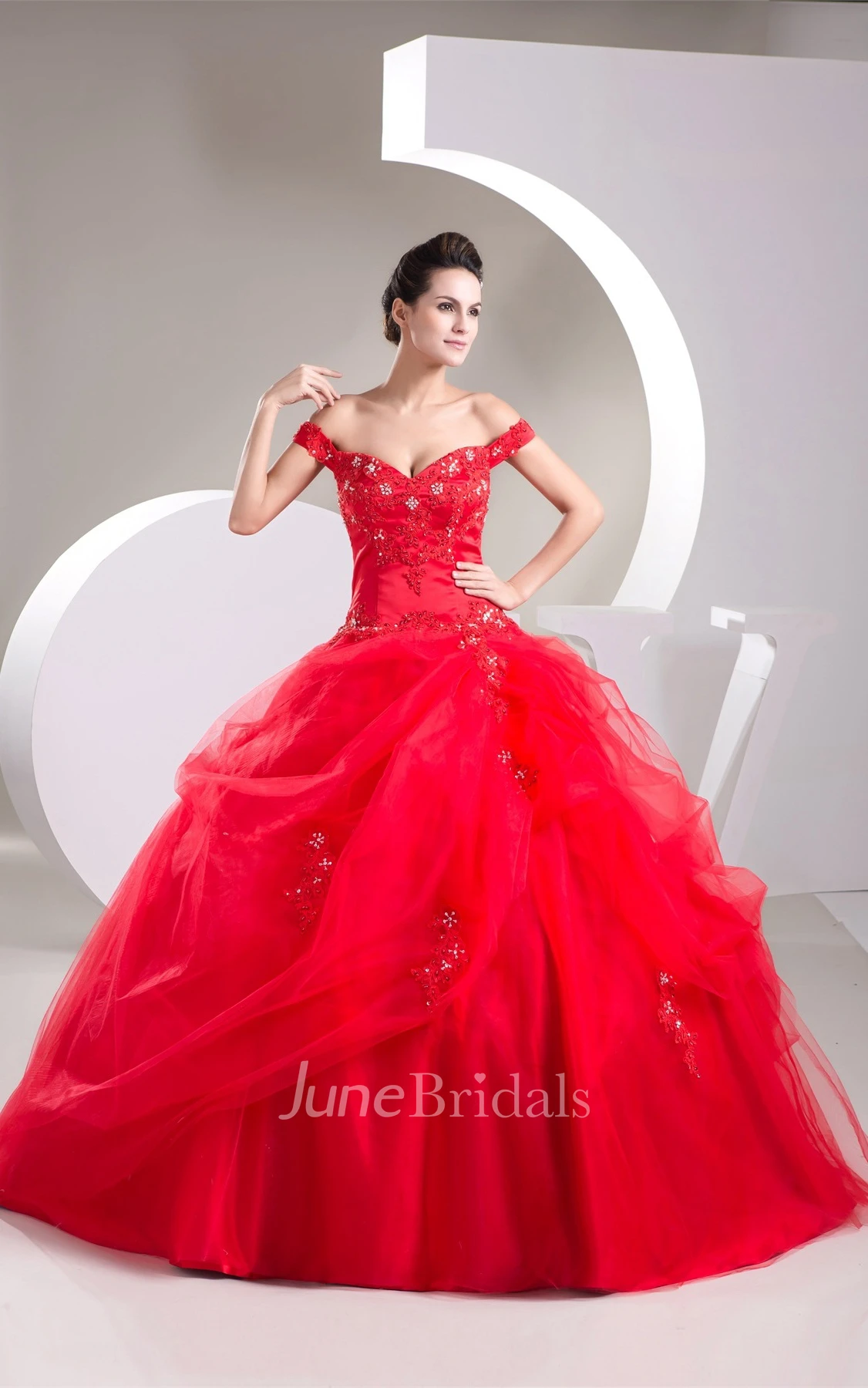 Off-The-Shoulder Ruffled Ball Gown with Appliques and Corset Back