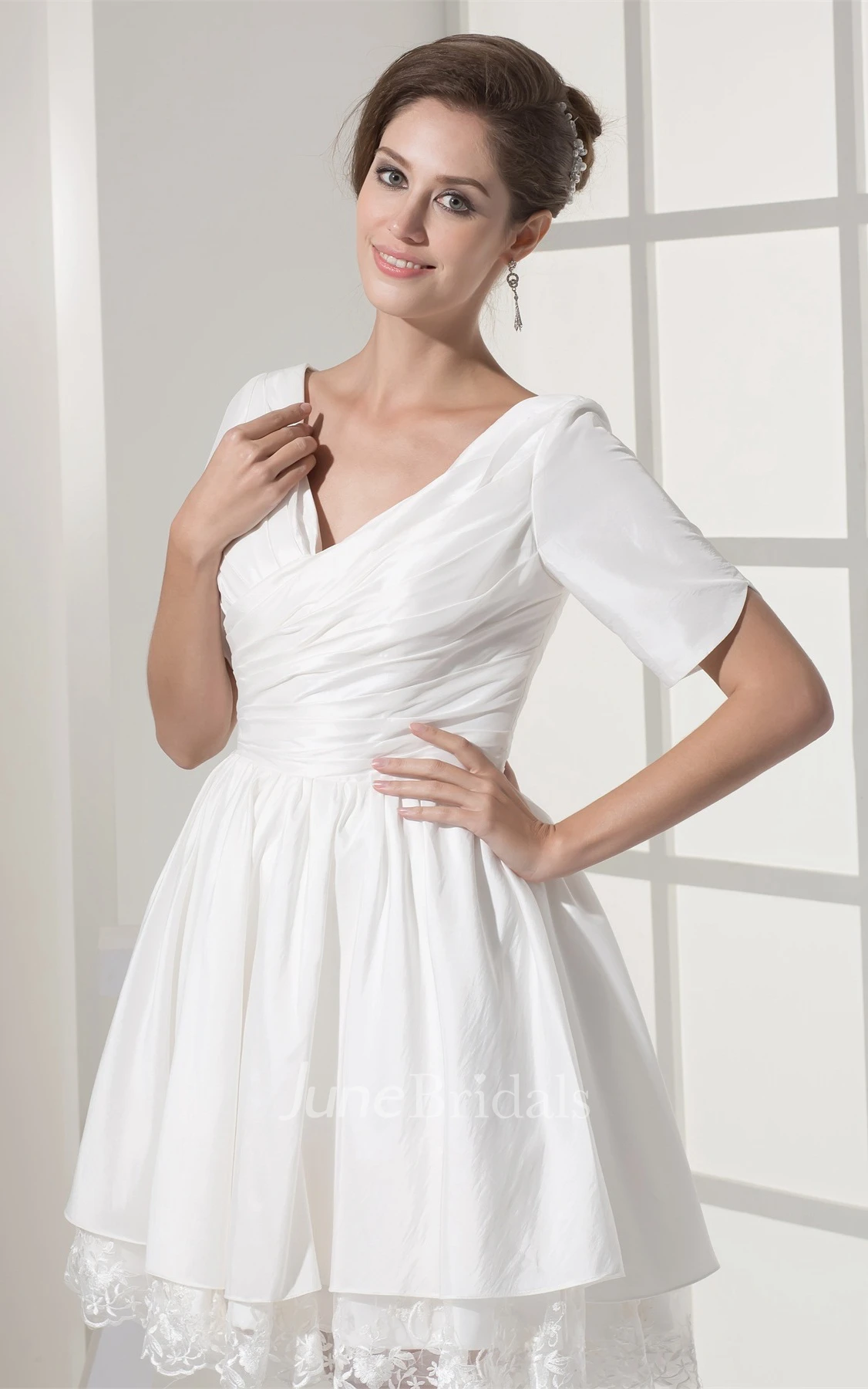 Short-Sleeve V-Neck Criss-Cross Mini Dress with Appliques