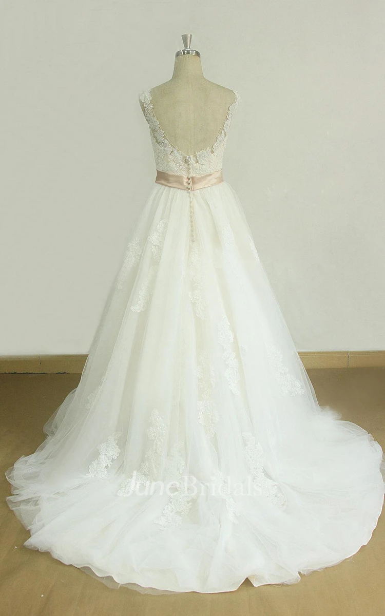 A-Line Tulle Lace Satin Weddig Dress With Illusion