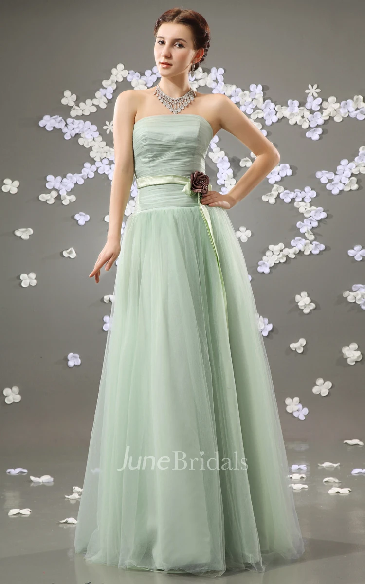Flattering Strapless A-Line Dress With Satin Sash And Flower