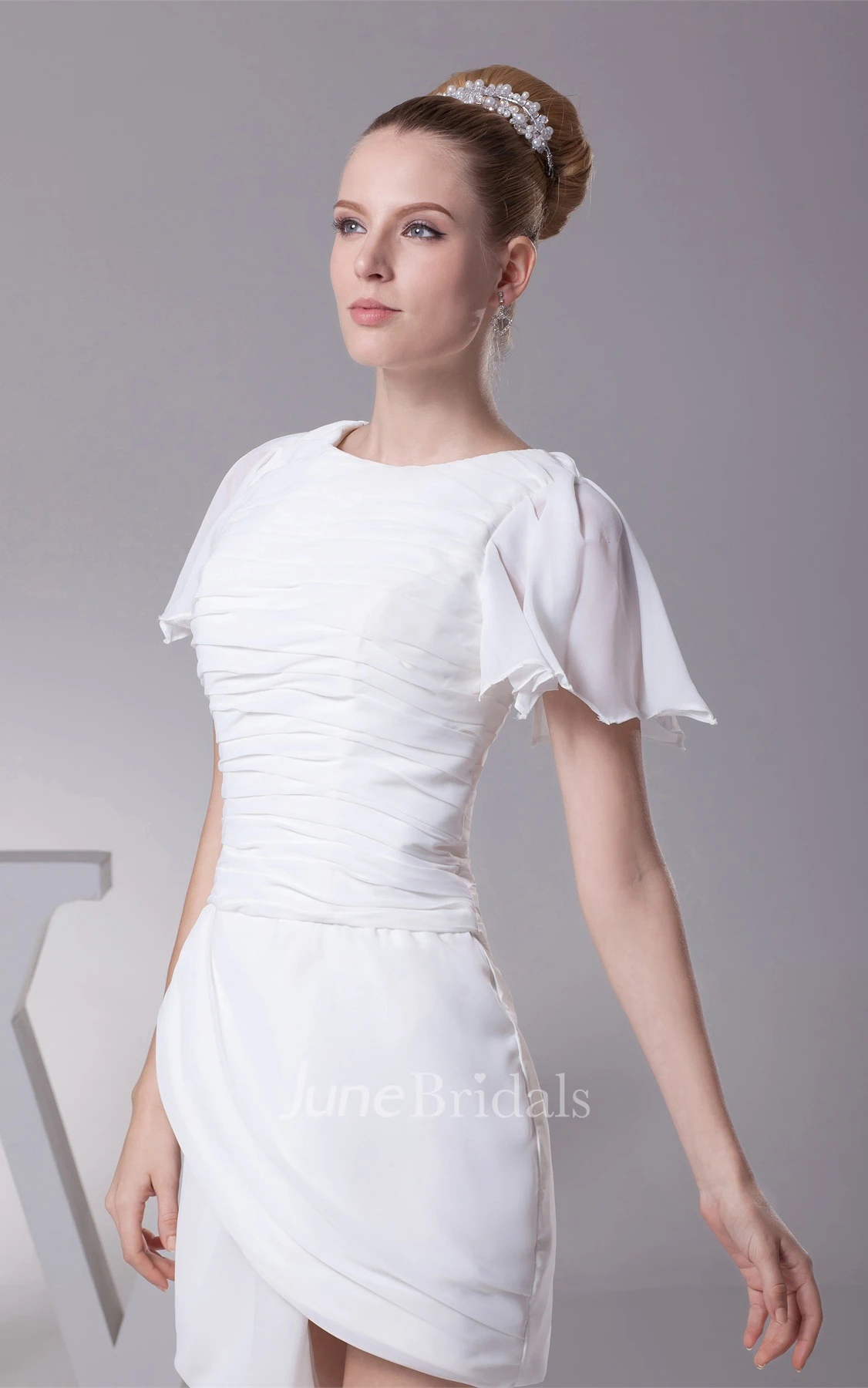 Short-Sleeve Chiffon Pencil Mini Dress with Ruched Top