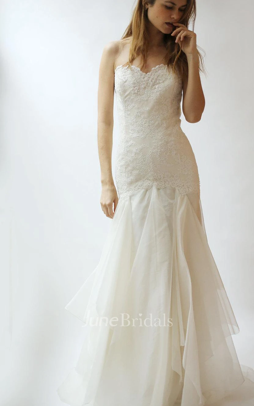Lace Long Wedding Dress With Dropped Waist and Ruffles