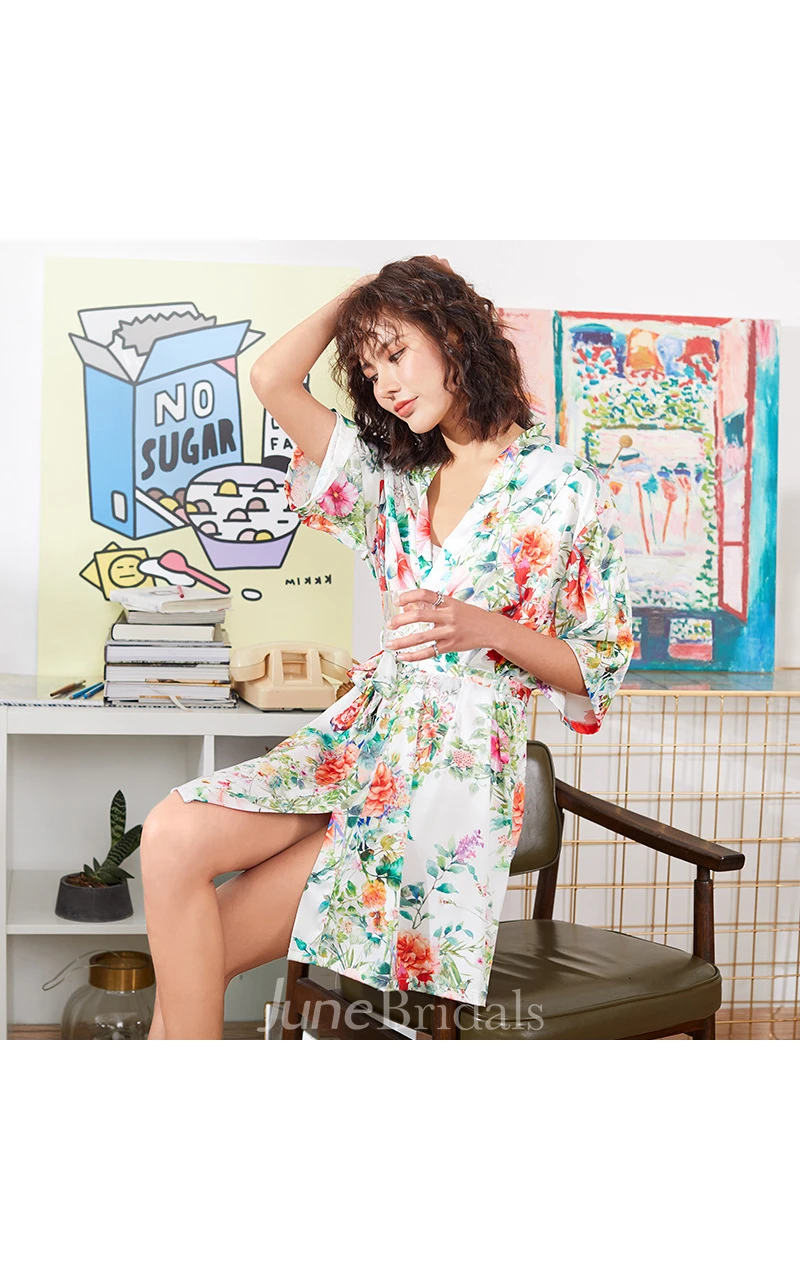 Floral Bride Bridesmaid Half Sleeved Short Robe