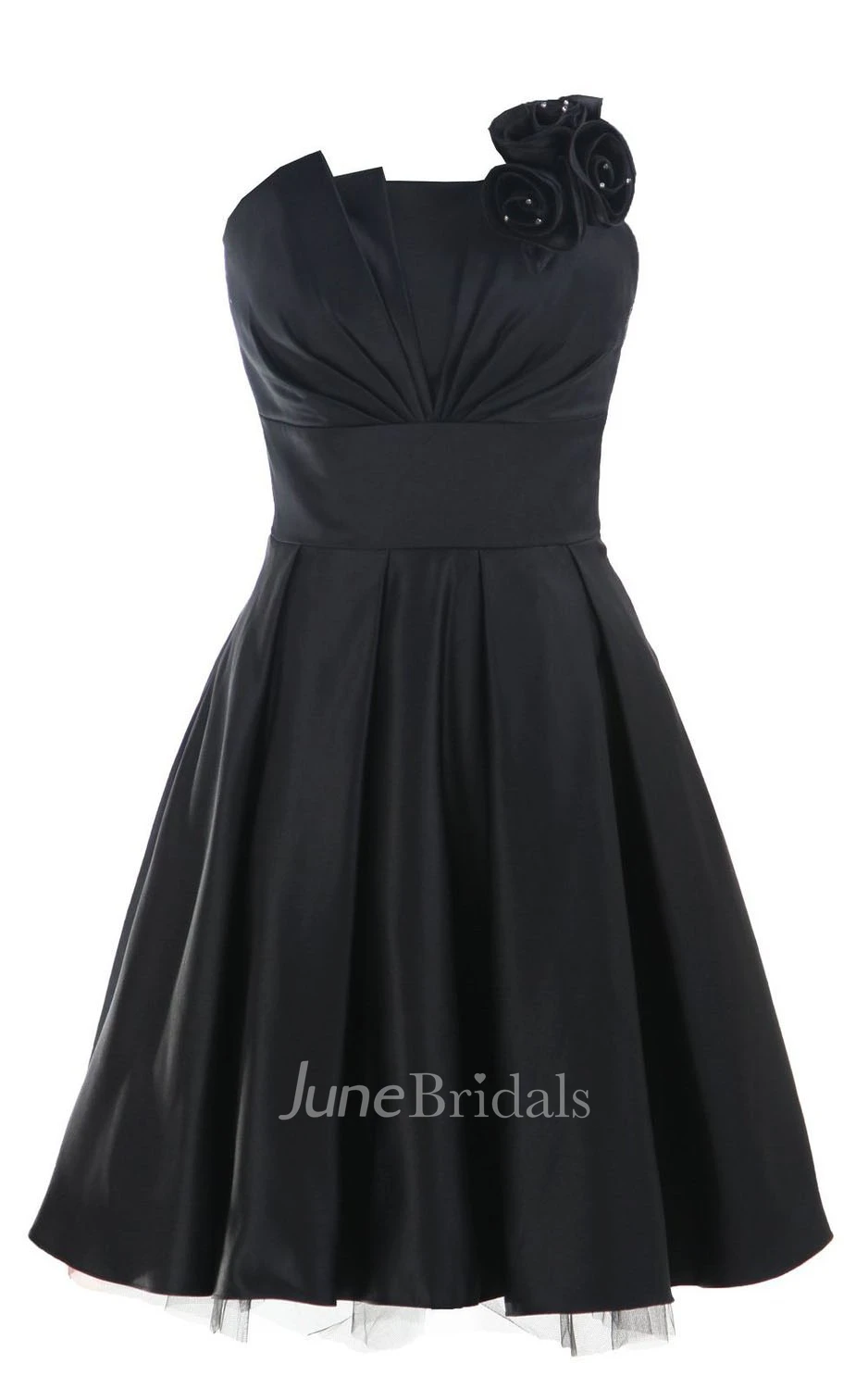 Strapless Appliqued Ruched Bodice Short Pleated Satin Dress