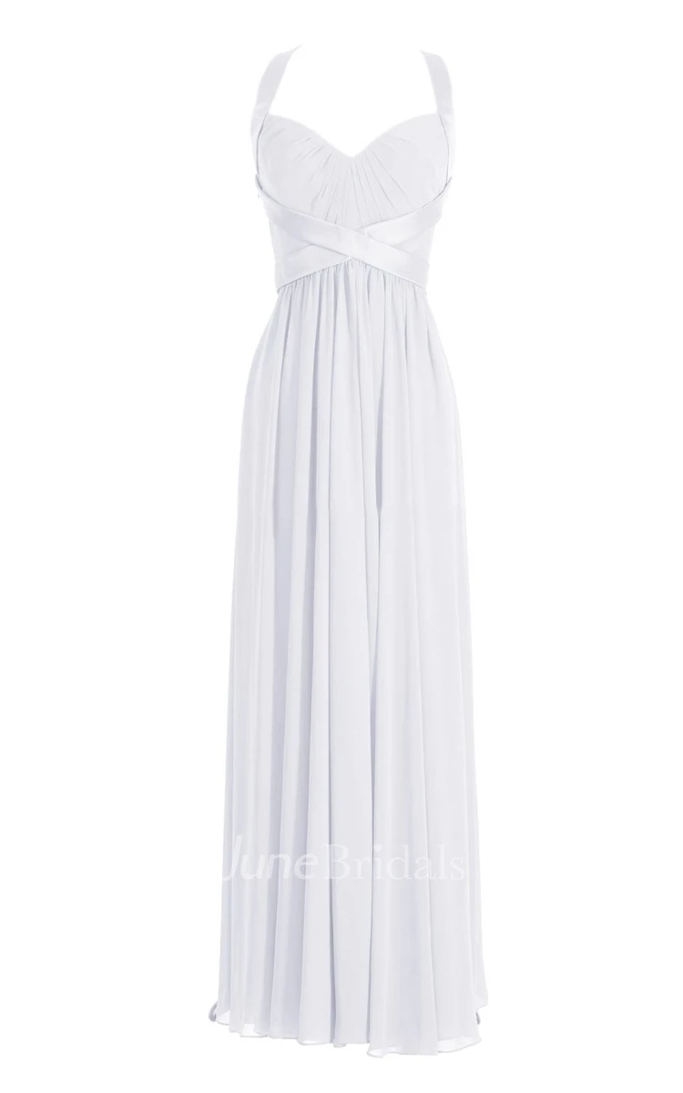 Halter Pleated Chiffon A-line Gown With Deep-v Back