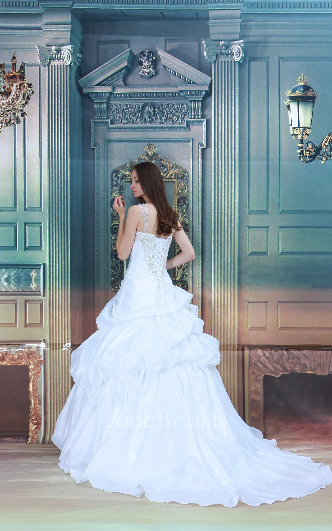 Noble Strapped Pick-Up Ball Gown with Appliques and Beading