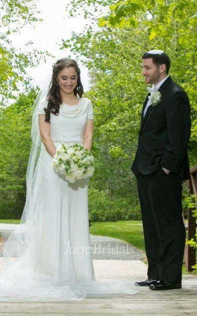 Cowl Short Sleeve Sheath Jersey Wedding Dress With Sash And Button Back