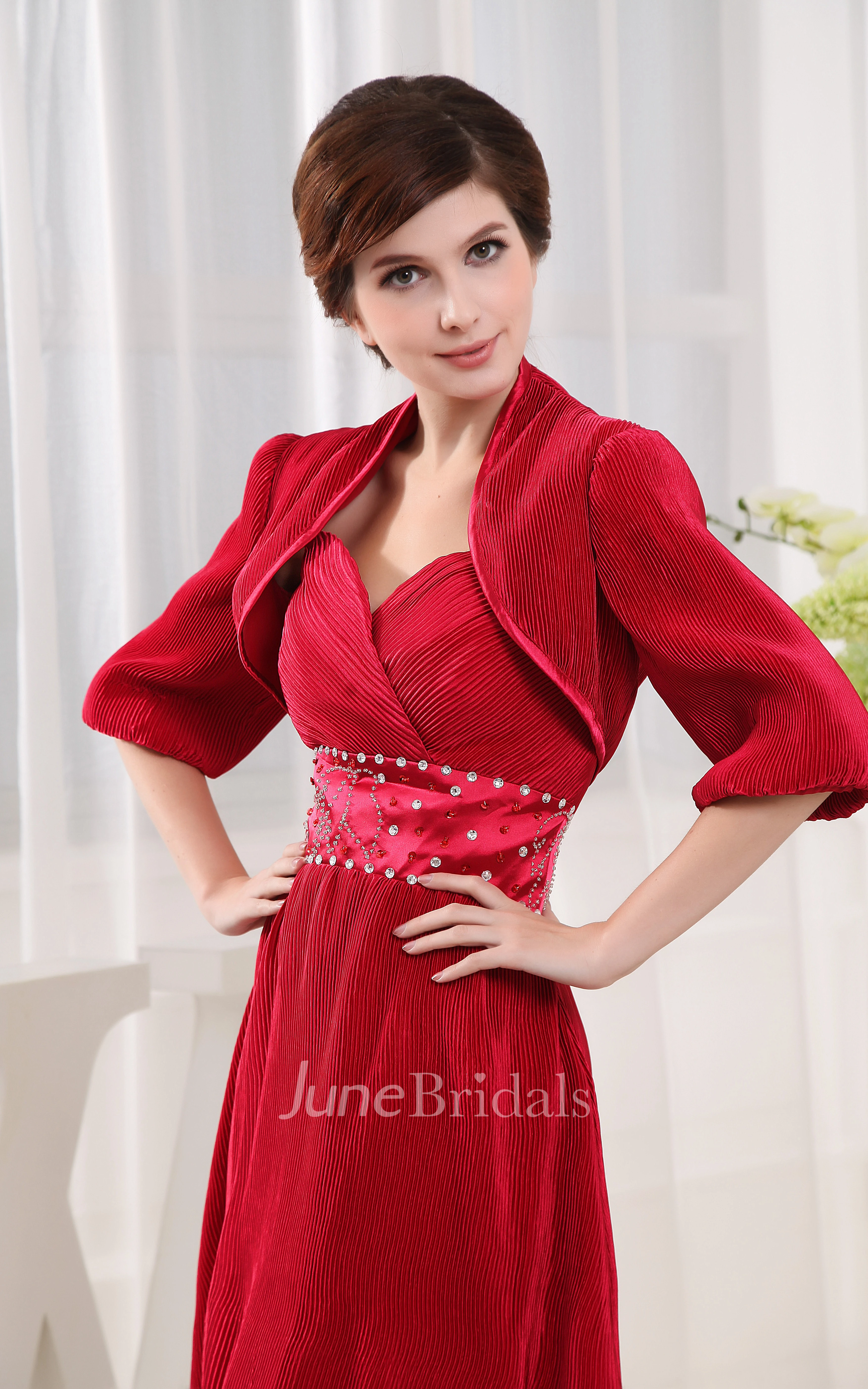 Refined Knee-Length Dress With Beaded Waist and Bolero