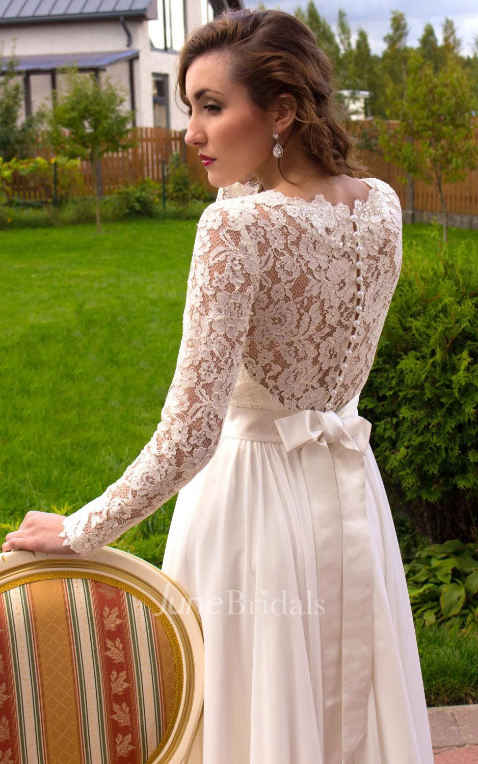 Long Sleeve Chiffon Lace Satin Weddig Dress