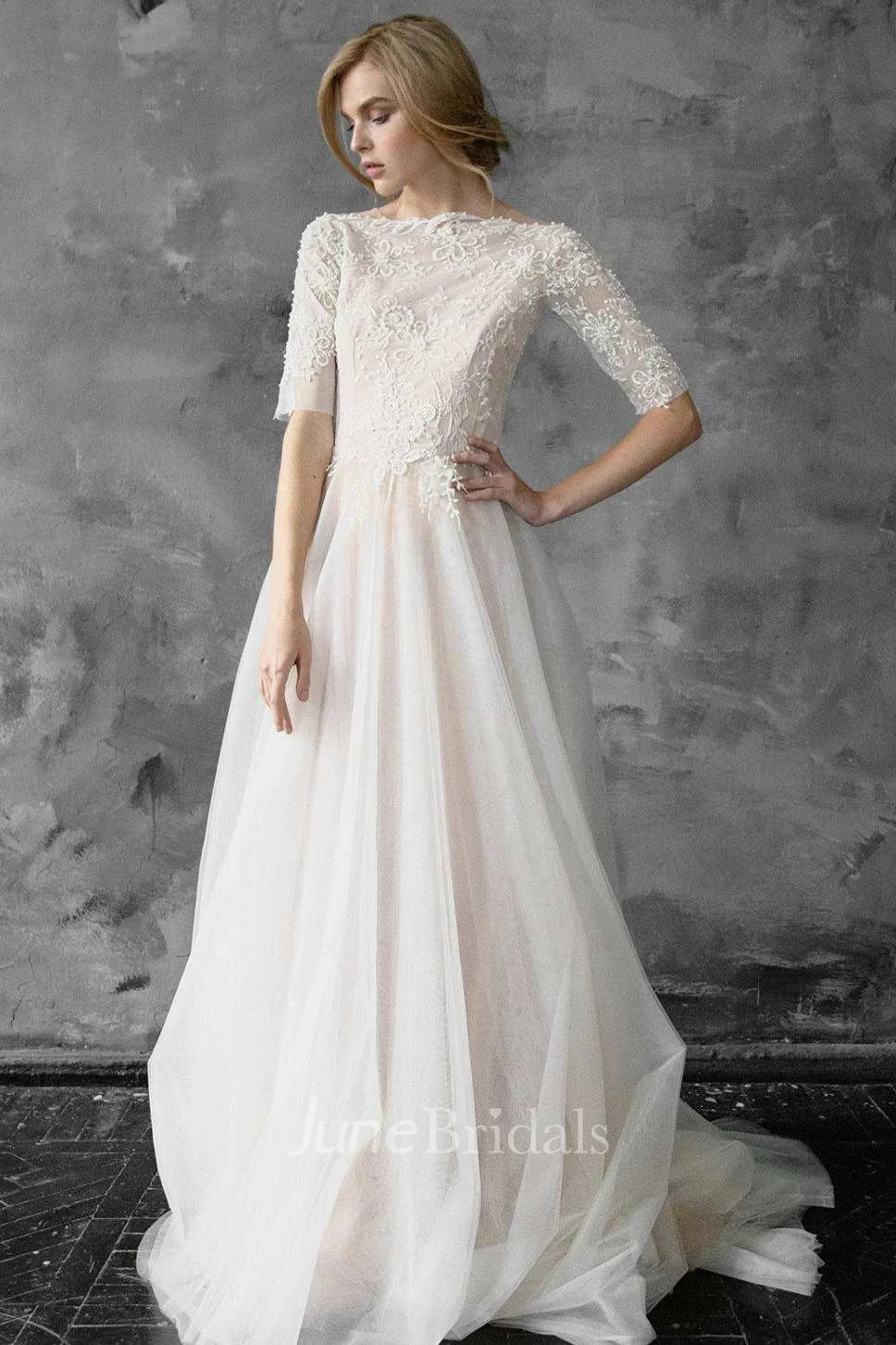 A-Line Tulle Beaded Lace Wedding Dress