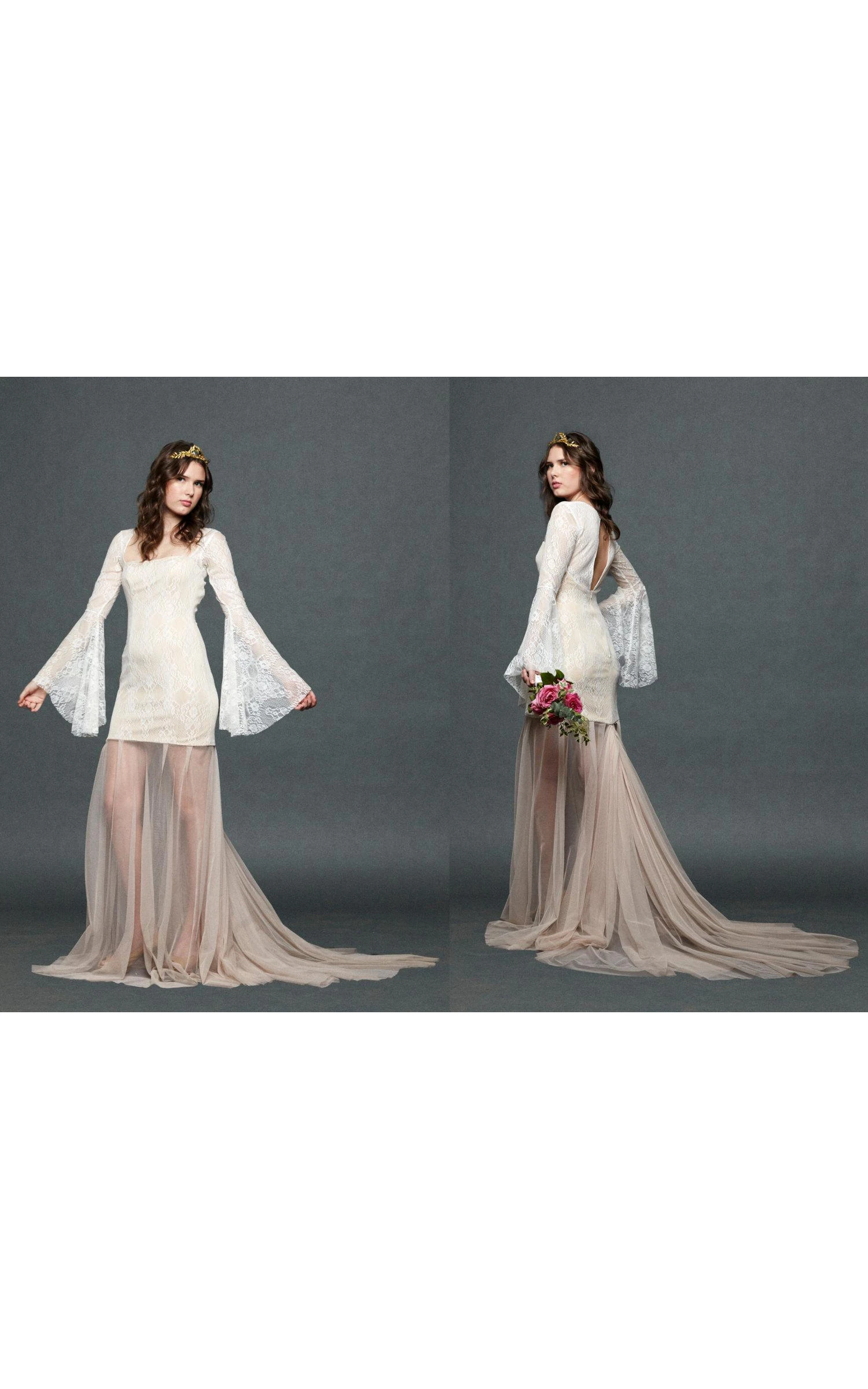 Vintage Puff-Sleeve Lace Tulle Dress With Sweep Train