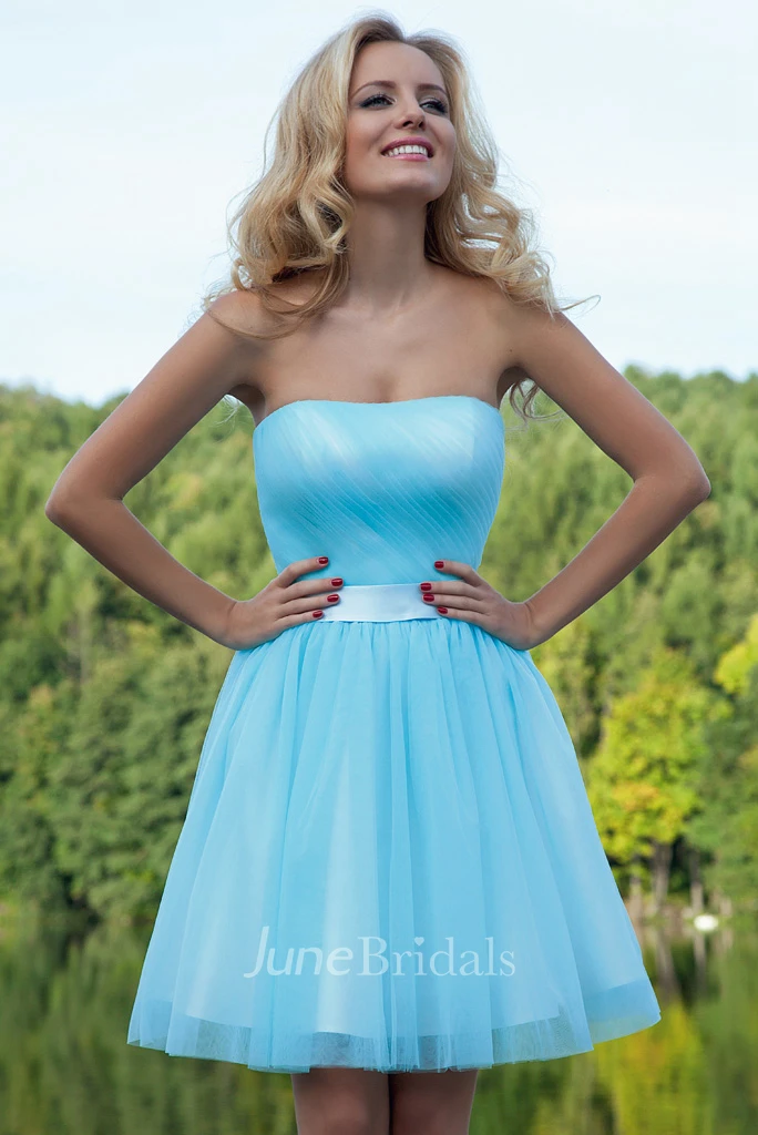 A Line Sleeveless Strapless Ruched Short Mini Tulle Prom Dress With Sash