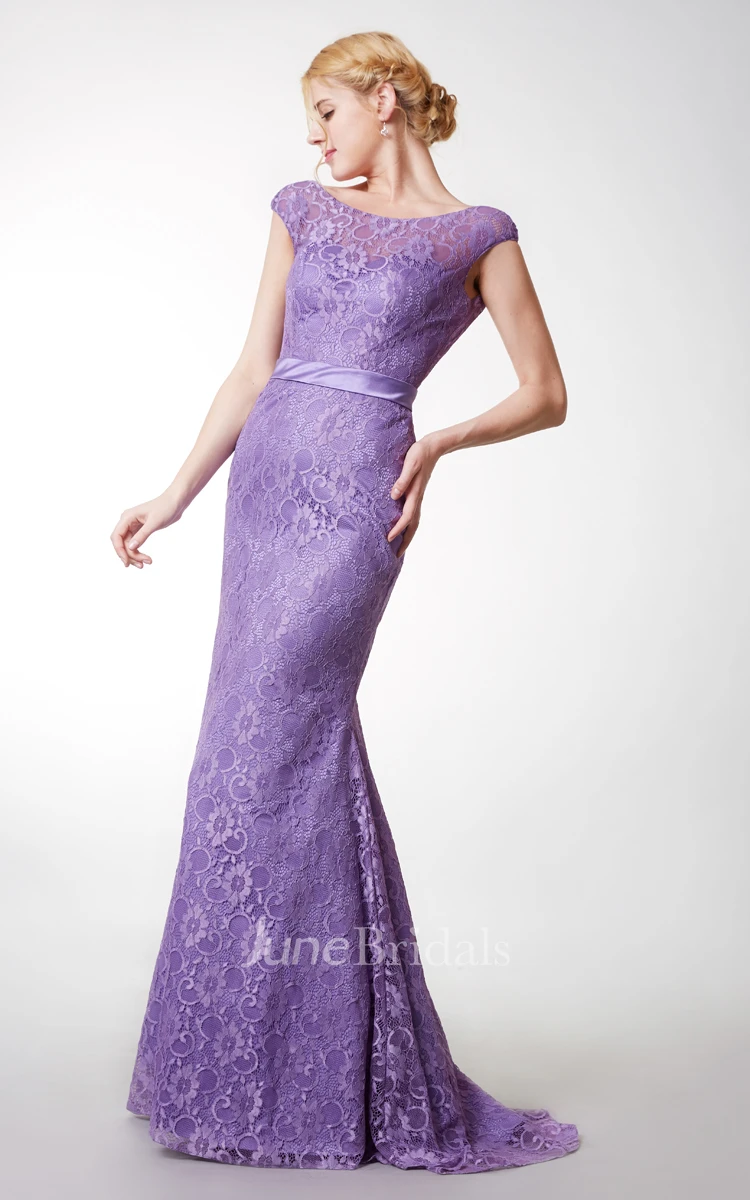 Vintage Short Sleeve Bateau Neck Long Lace Dress With Satin Belt