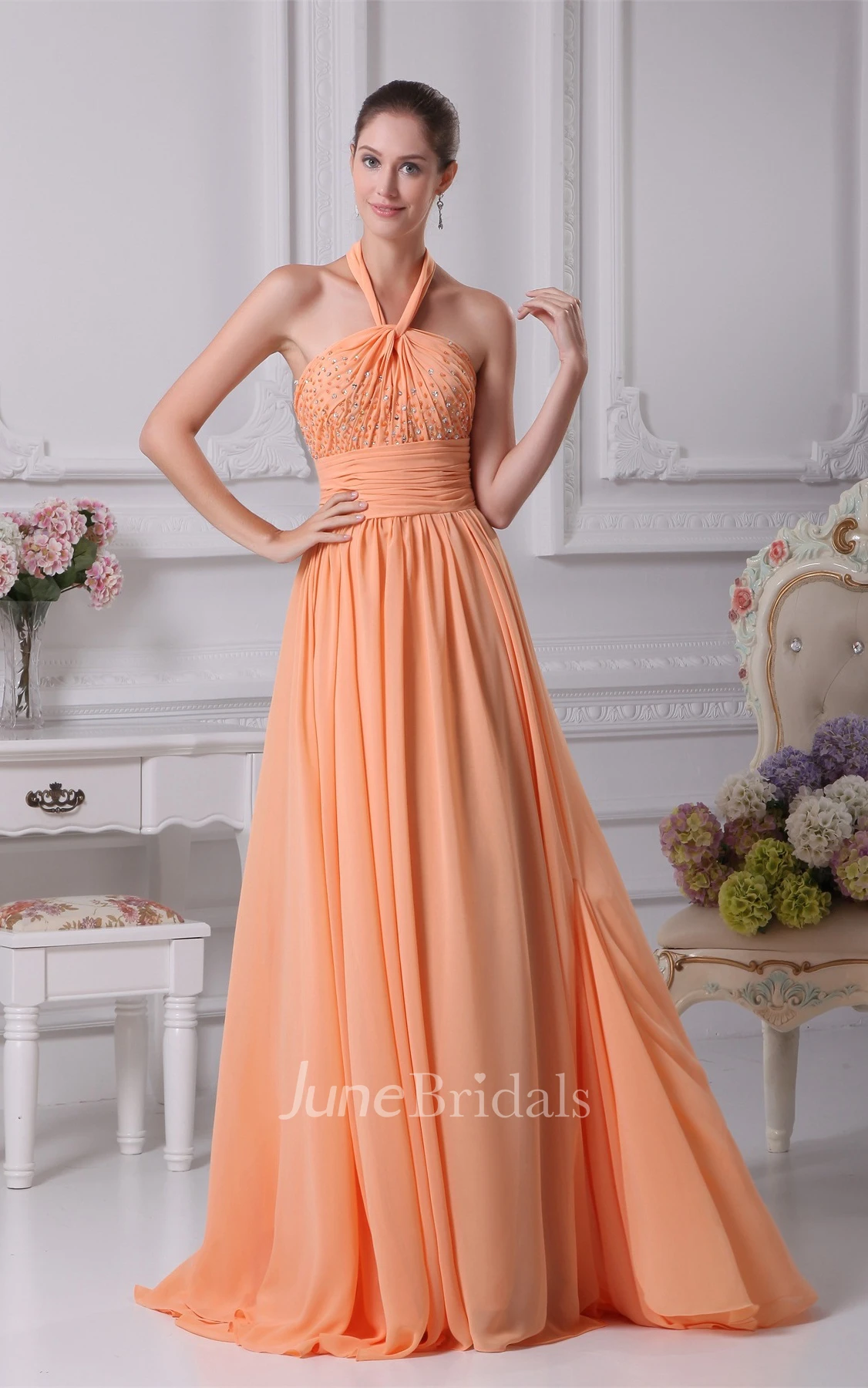 Sleeveless Ruched Chiffon A-Line Gown with Halter and Jeweled Top