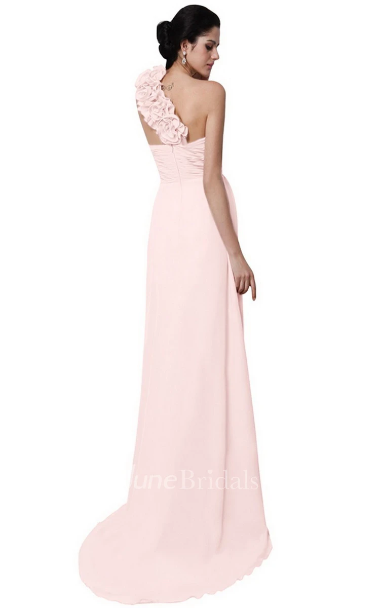One-shoulder Long Chiffon Dress With Flowers
