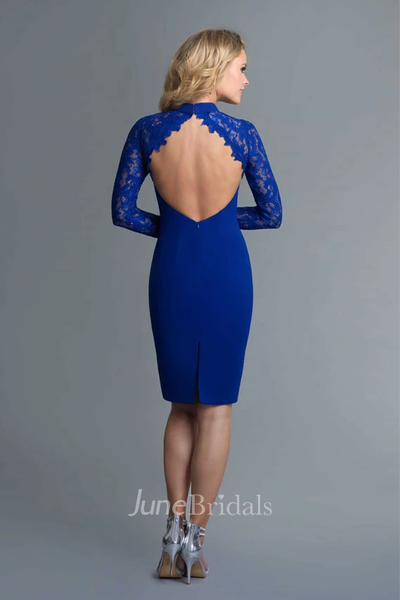 Pencil Knee-Length High Neck Long Sleeve Jersey Keyhole Dress With Lace