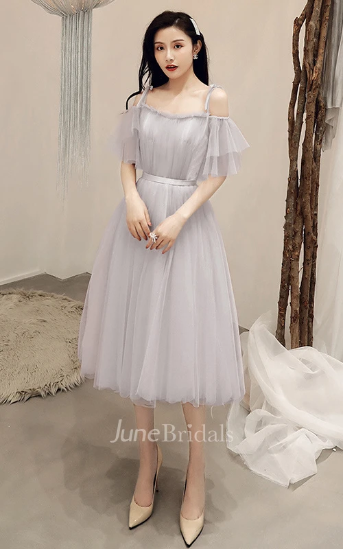 Simple Tulle Off-the-shoulder V-neck A Line Formal Cocktail Dress With Ruffles