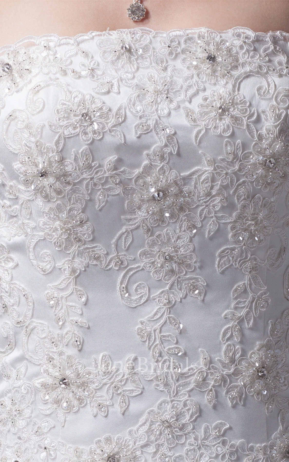 Strapless Ruffled Ball Gown with Appliques and Rhinestone